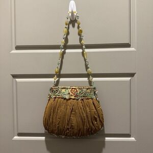 Mary Frances Beaded Silk Handbag Embroidered Birds Floral Gemstone Strap